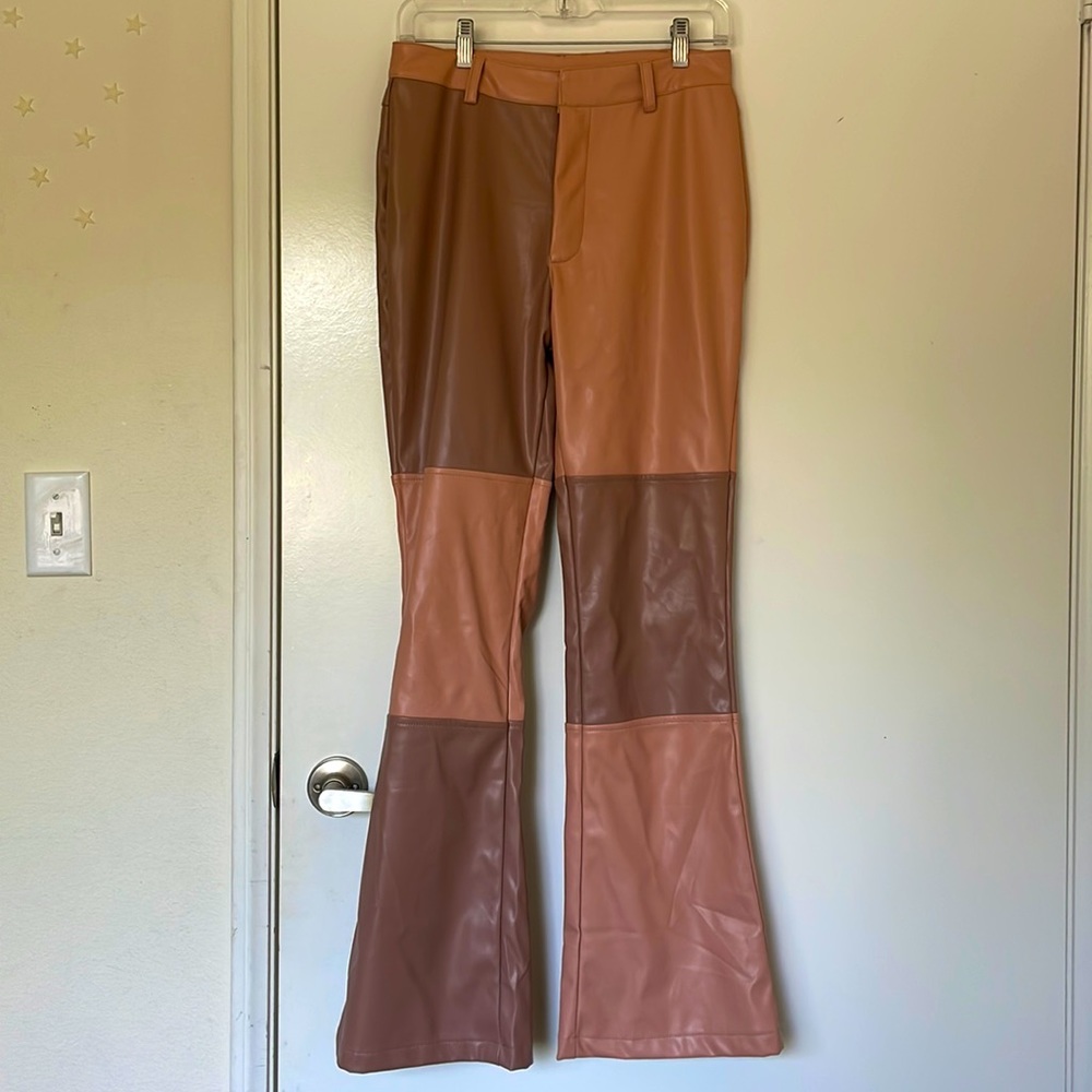 Colorblock vegan leather flare pants